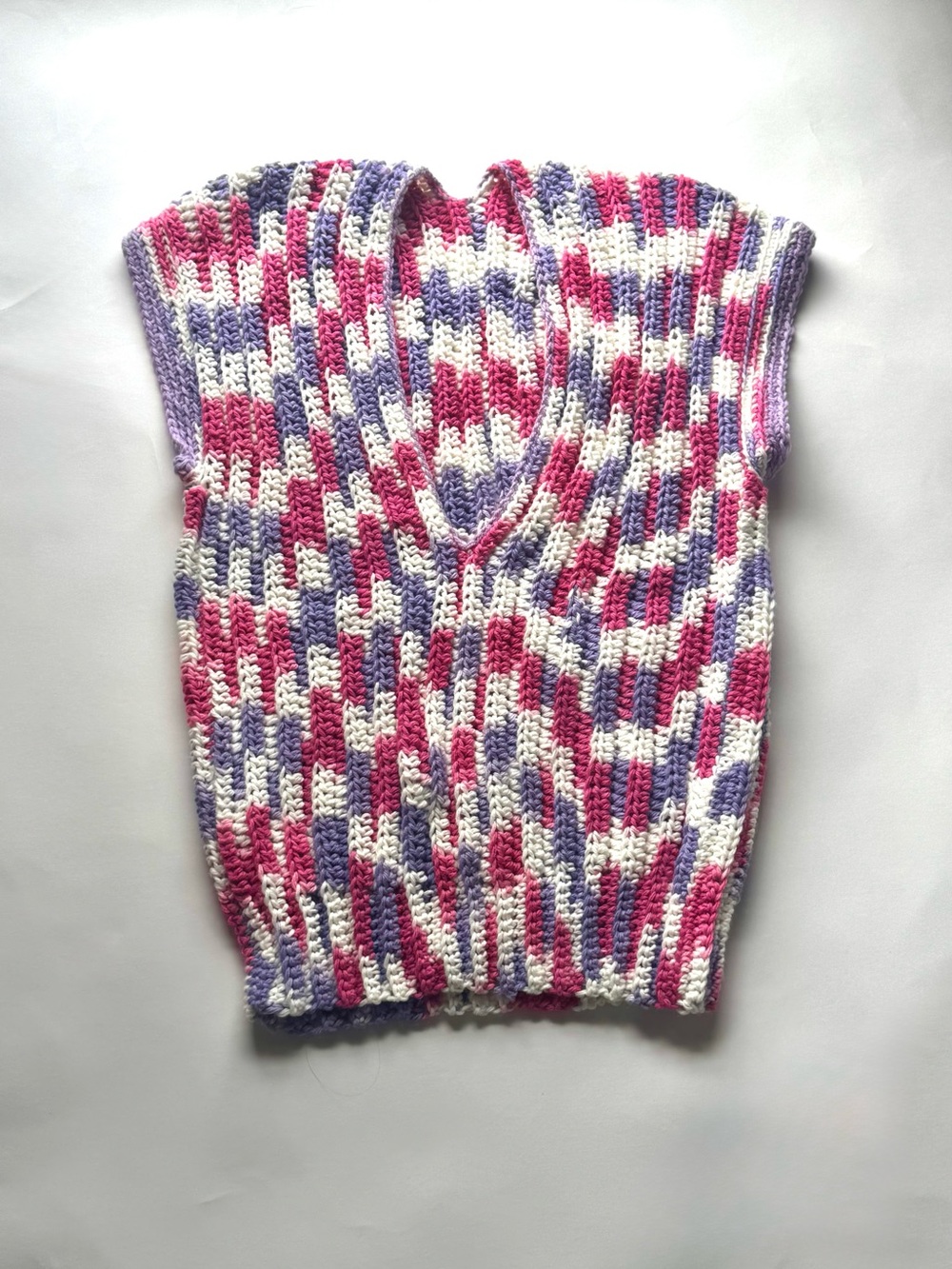 Handmade Crochet Sweater Vest Pink Purple White V Neck Boho Cottagecore